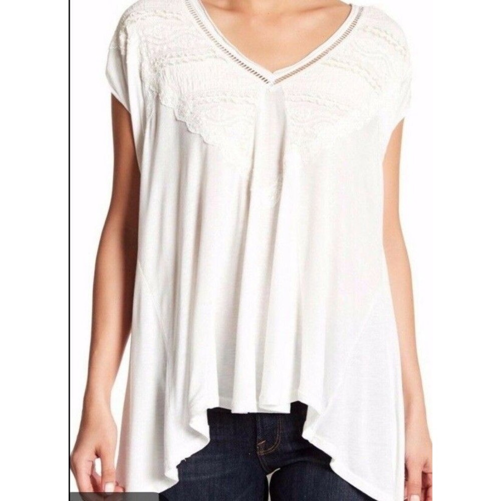 Free People Size XS Abigail Oversized Lace V-Neck Hi-Low Blouse White